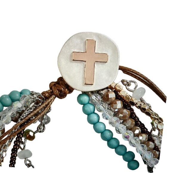 Cross, Natural Stone, Crystal Beaded Glass Turquoise Bracet - Picture 2 of 3